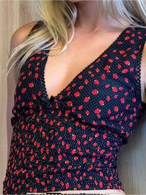 Y2k Motel Rocks Black& Red Strawberry Polkadot Print Womens XSmall